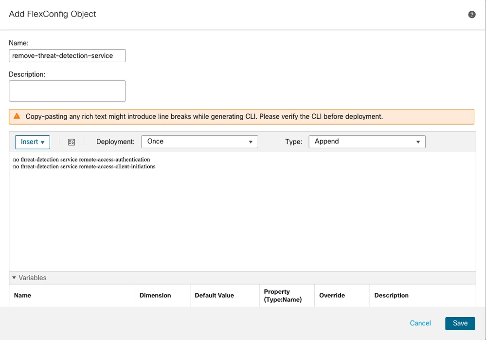 FlexConfig Object to remove the commands.