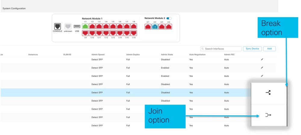 Break/Join Options in Chassis Page
