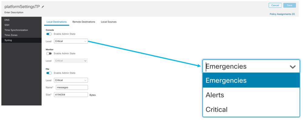 Chassis Platform Settings: Syslog  Syslog Local Sources Tab