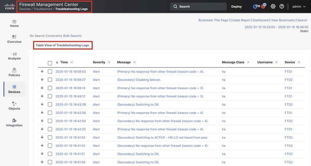 Table View of Troubleshooting Logs