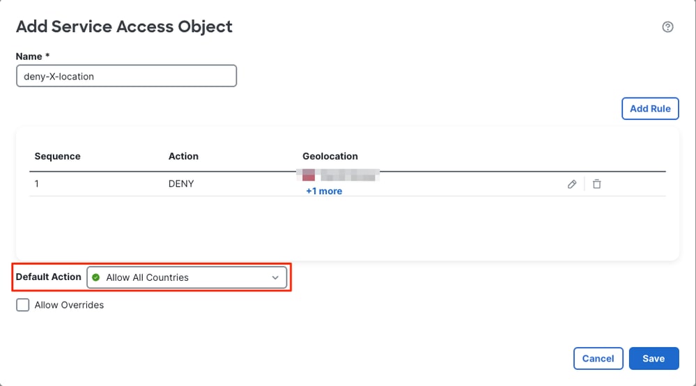 Configure Service Access Object Default Action