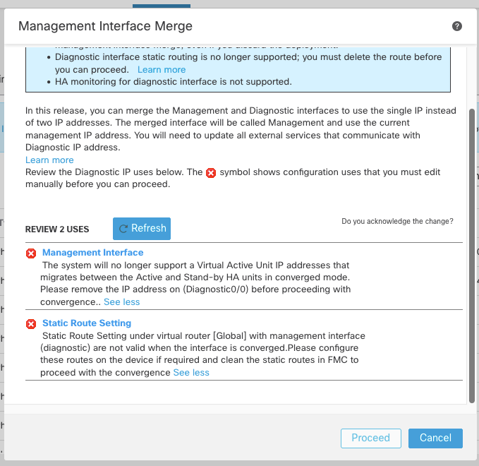 Example of warning about configurations needed to be removed before merge