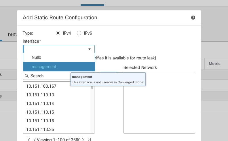 Management interface is not available for selection on static routes after merge is complete.