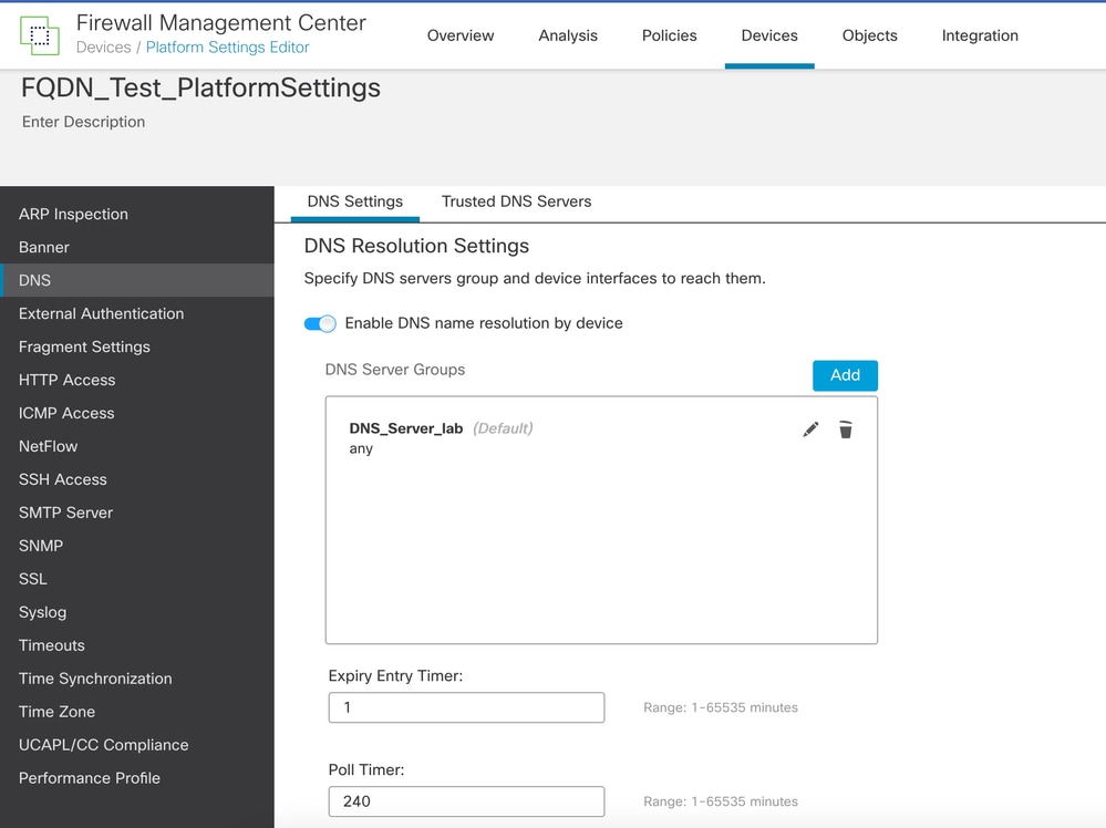 DNS configuration in Platform Settings