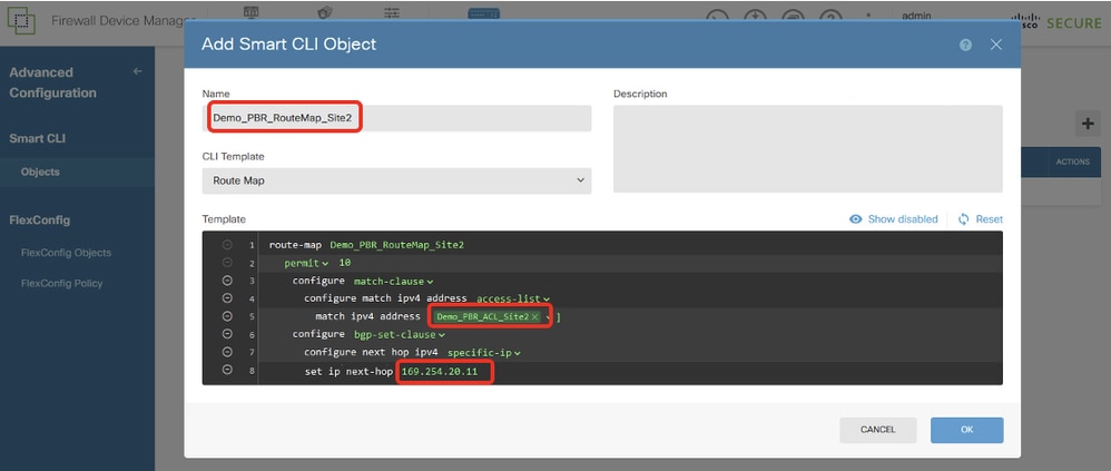 Site2 FTD Create PBR Route Map