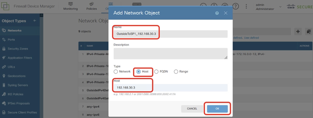 Site1 FTD Create SLA Monitor Net Object ISP 1