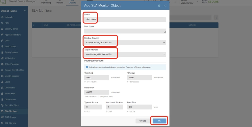 Site1 FTD Create SLA Monitor Net Object ISP 1 Details