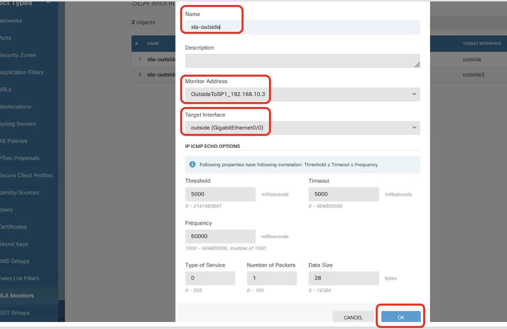 Site2 FTD Create SLA Monitor Net Object ISP 1 Details