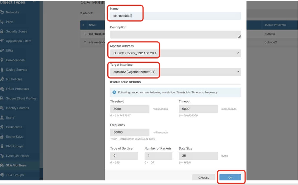 Site2 FTD Create SLA Monitor Net Object ISP 2 Details