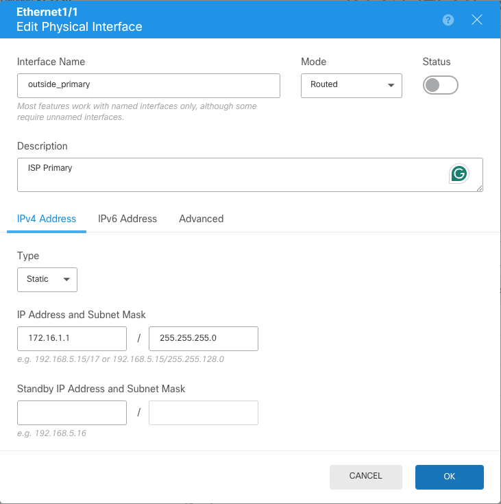 Configuration of Primary ISP interface