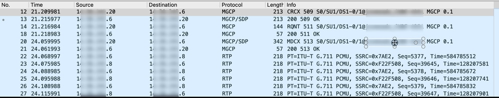 Packet Capture Shows Requests and Responses from Two MGCP Devices