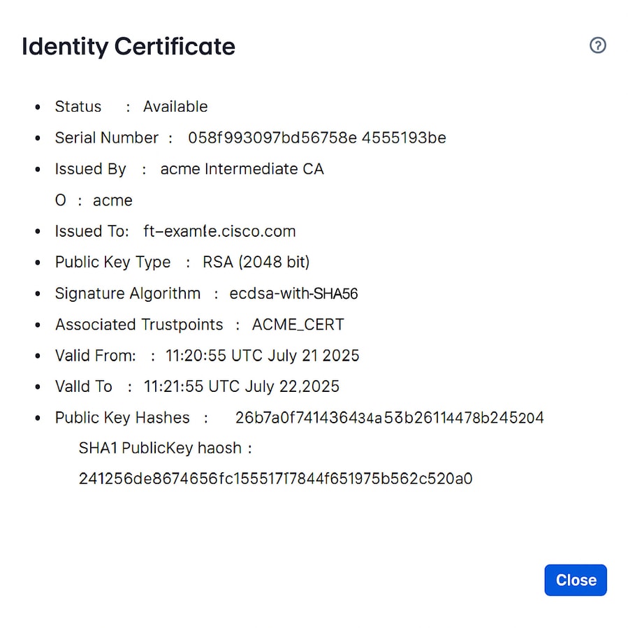 Certificate information from FMC