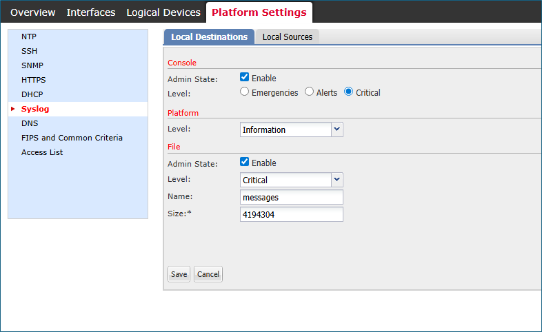 FCM syslog configuration tab