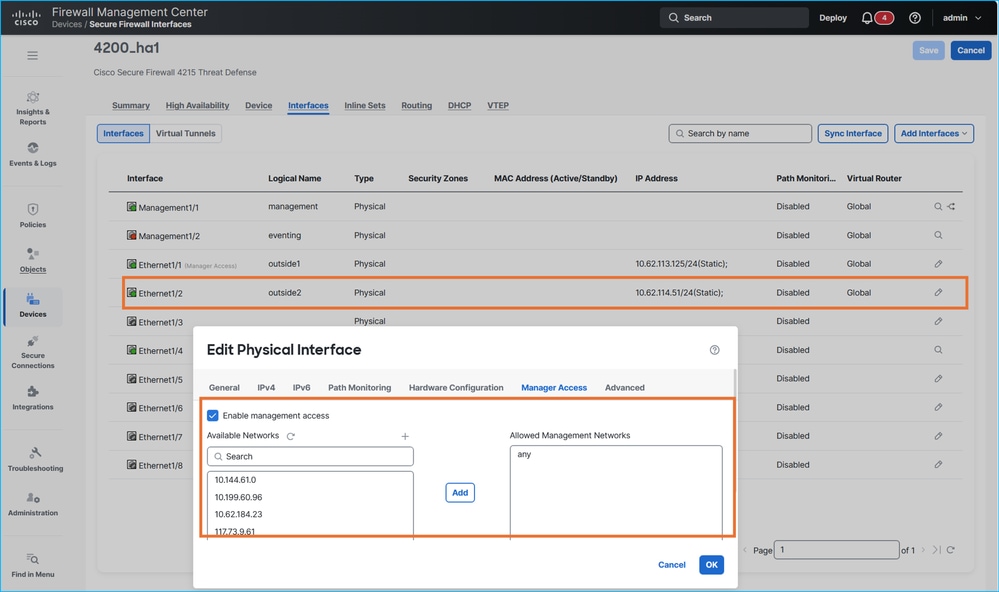 Enable manager access interface on outside2