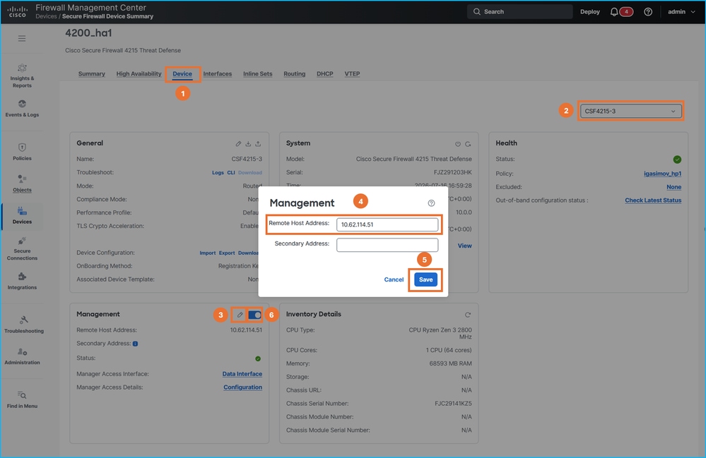 Configure FTD management IP address on FMC