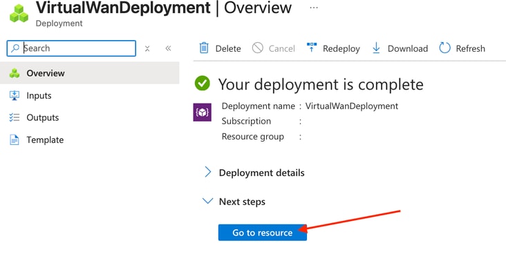 vWAN Resource Deployment Page with Go to
Resource Button Highlighted