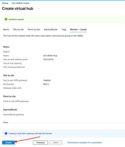 Virtual Hub Deployment Summary Page