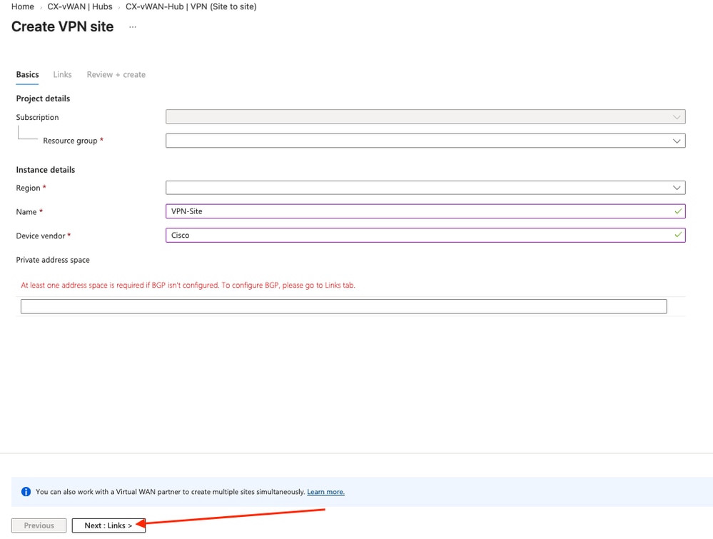 Site to Site VPN Gateway Configuration Page