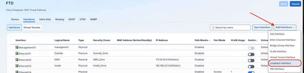Click Add Interfaces, then Loopback Interface