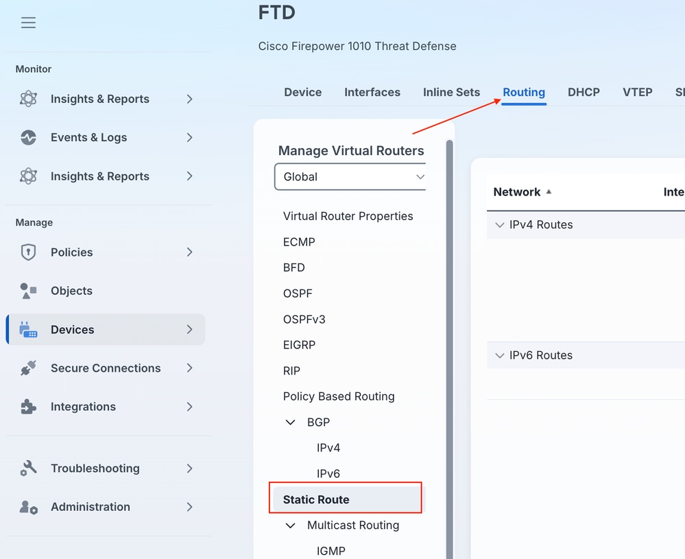 Navigate to Routing, Static Route