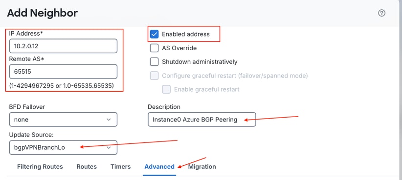 Enter the Instance0 BGP Peering Information