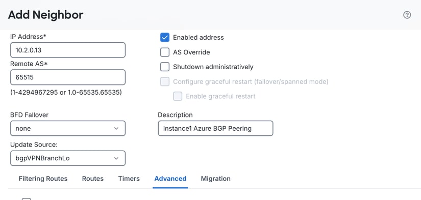 Repeat Same Steps for Azure Instance 1 BGP Peer