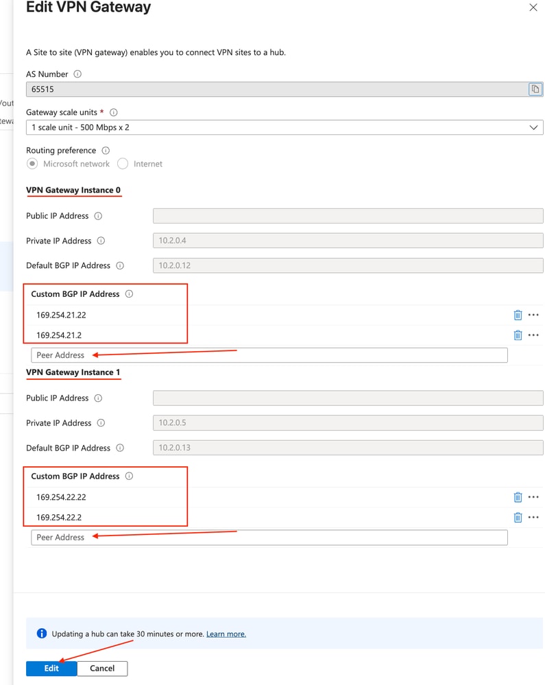 Edit VPN Gateway Custom BGP IP Addresses