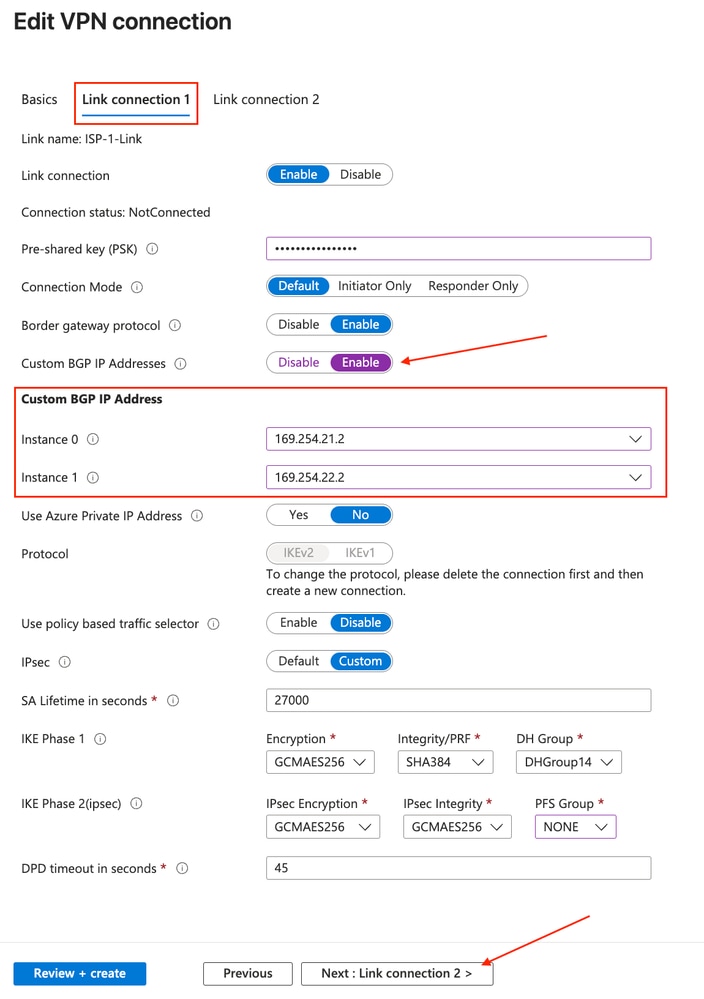 Configure Link Connection One Custom BGP Settings