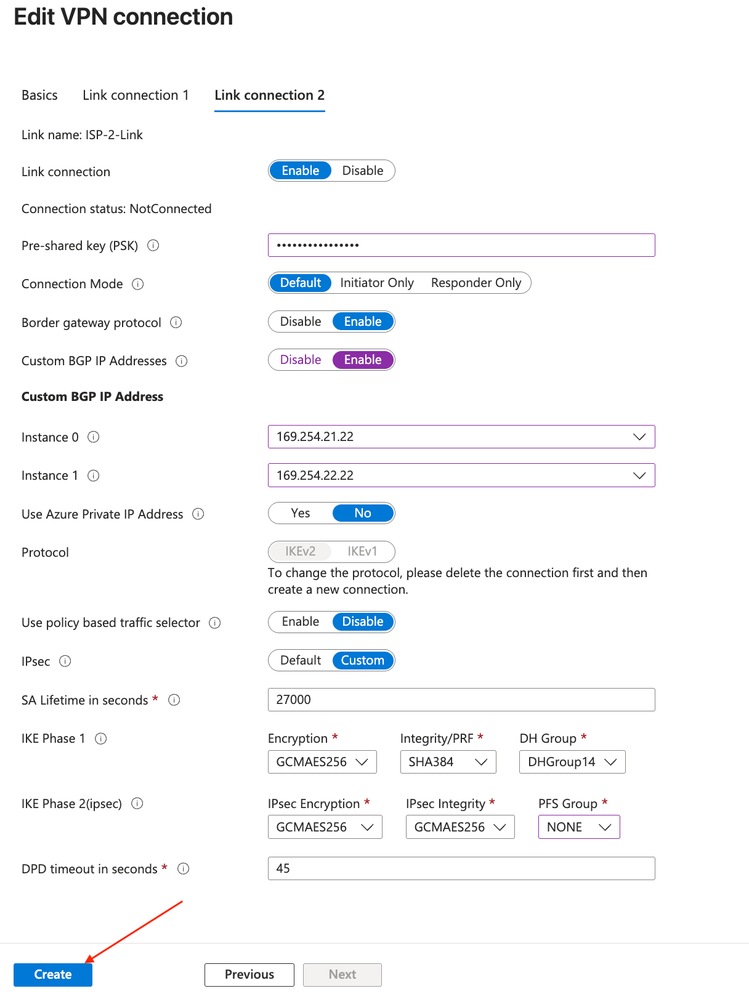 Configure Link Connection Two Custom BGP Settings