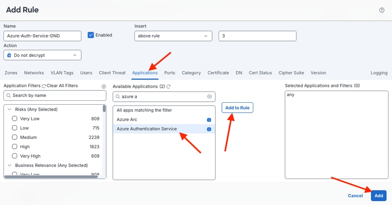 Add Azure Authentication Service Application Rule