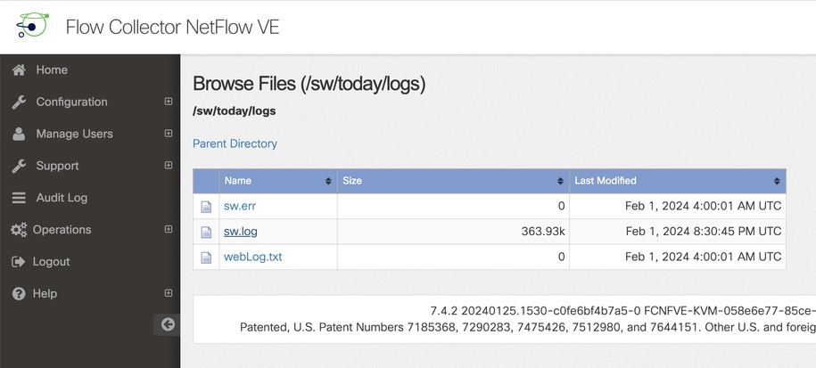 SNA File Browser Dans le répertoire sw/today/logs/