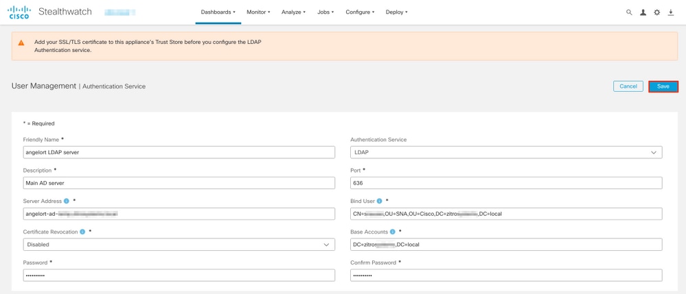 Secure Network Analytics Manager - External Authentication LDAPS - User Management - 3