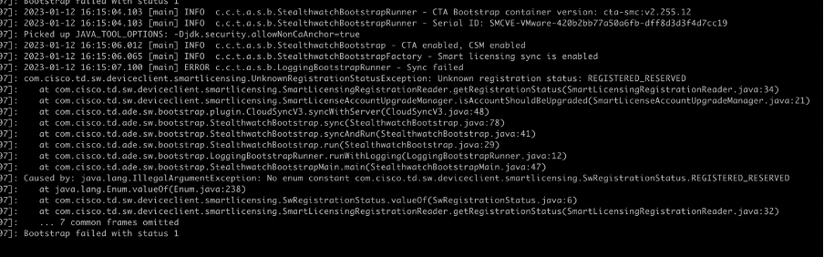 Screencap of error in cta-smc.log when using SLR/PLR license.