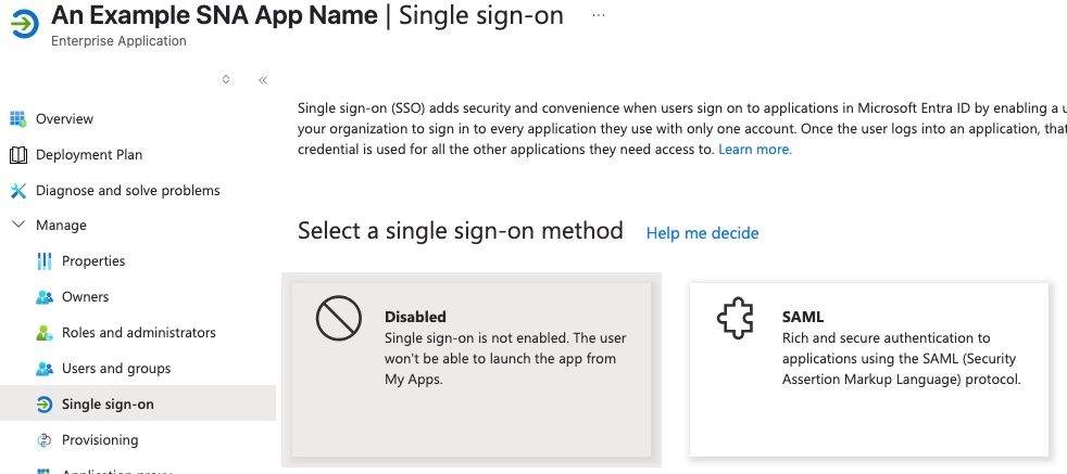 Showing location of SAML button on the Single Sign-on configuration page