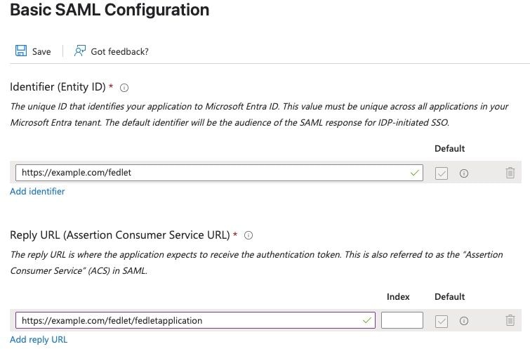 Showing Basic SAML Configuration page