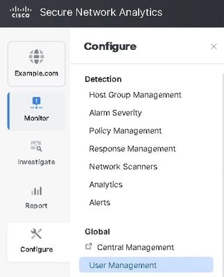 Showing location of user management on the main menu of Secure Network Analytics