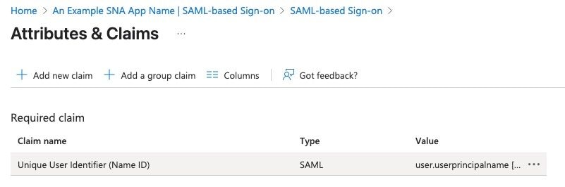 Showing Attributes and Claims page on Azure Entra ID