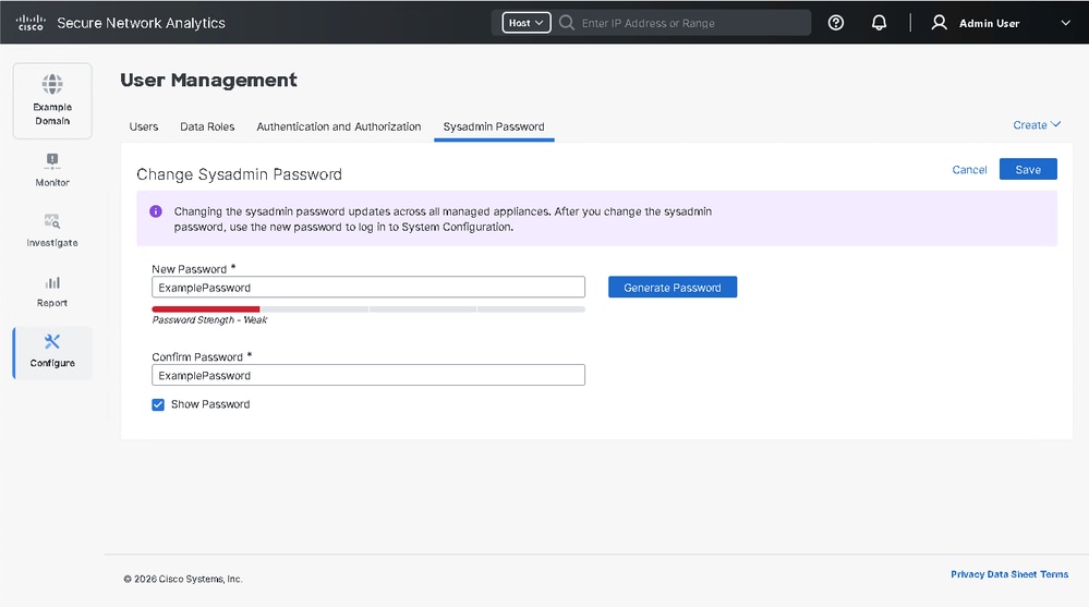 A web interface showing a new password being entered for the sysadmin user