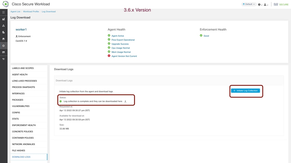 Generate the Secure Workload Agent Log Bundle of Agents Running on 3.6 x Version