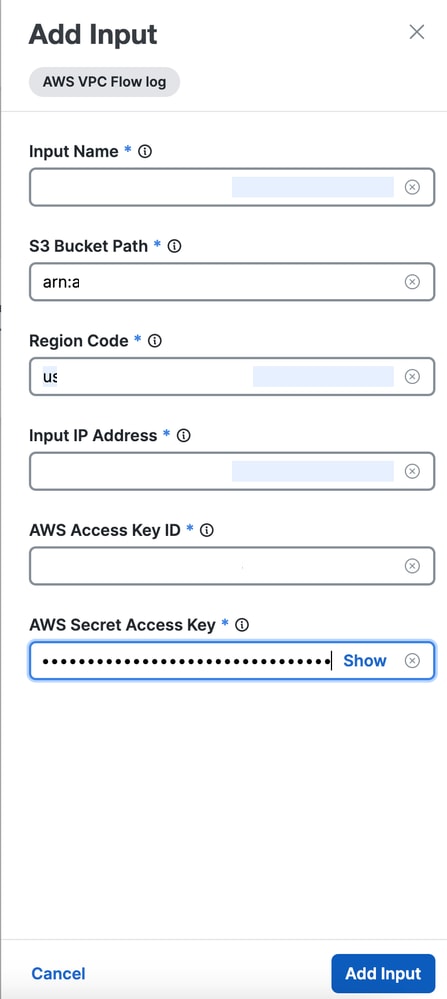 Select Input Type as AWS VPC Flow Log