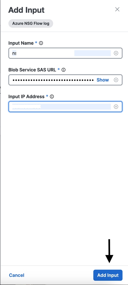Input Name, Blob Service SAS URL and Input IP Address