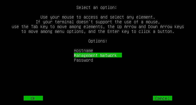 The CTB command line interface with Management Network highlighted