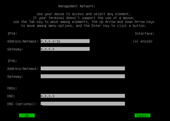 The CTB command line interface showing the Management Network configuration page