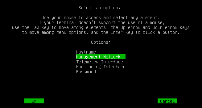 The CTB command line interface with Management Network highlighted