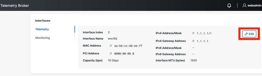 The CTB web interface showing highlighting the Edit button for a Brokers Telemetry settings