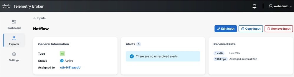 The CTB web interface showing the Netflow Inputs page