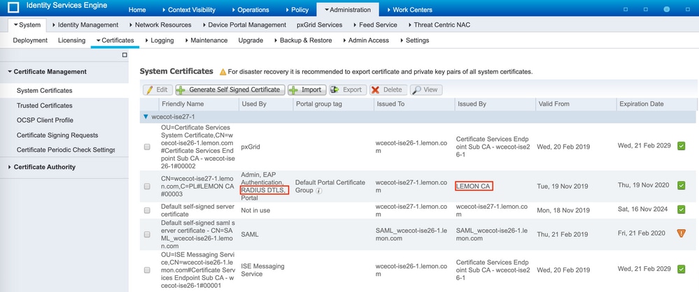 System Certificates list in ISE
