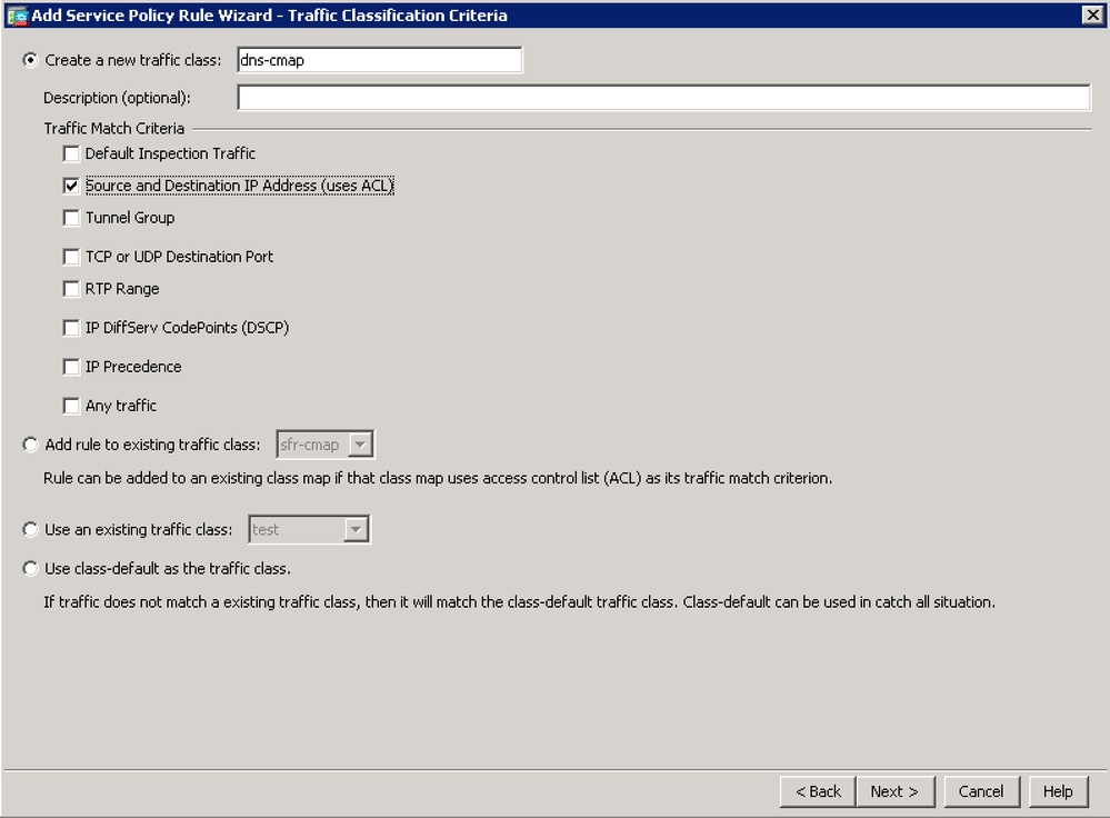 Add Service Policy Rule Wizard - Traffic Classification Criteria