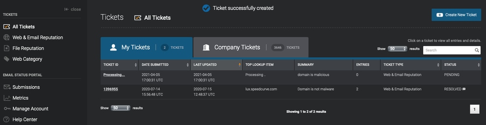 ticket successfully created