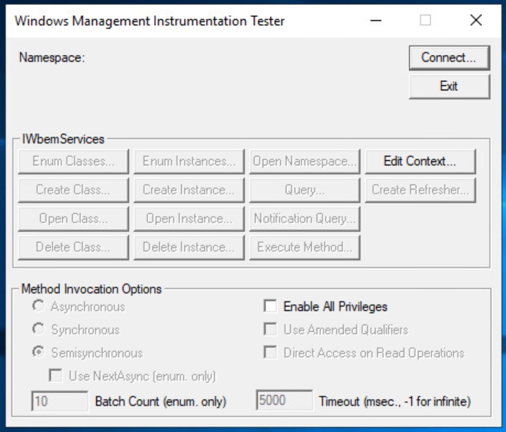 Test WMI Connectivity - Windows Management Instrument tester dialog